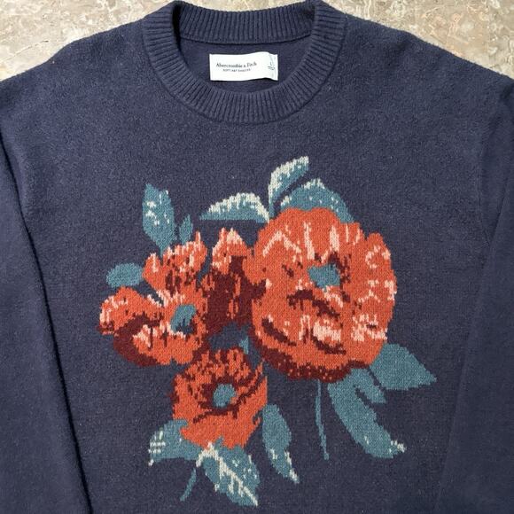 Abercrombie & Fitch Sweater Mens Large Blue Floral Knit Soft A&F Essentials - Picture 1 of 11